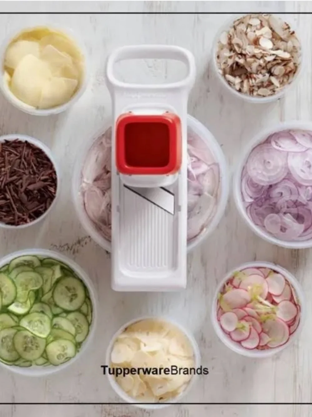 Tupperware Red Handheld Mandoline Slicer - Safe Food Holder Included